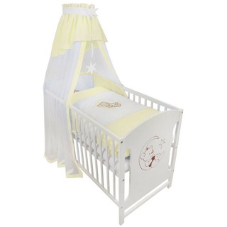 Babyhafen Komplettbett 60 × 120 cm Babybett Teddy auf dem Mond Gitterbett Kinderbett, inkl. Matratze, Himmel, Nestchen & Bettwäsche gelb