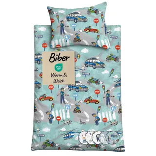 Carpe Sonno Kinderbettwäsche Biber Winter Bettwäsche 100 x 135 & 135 x 200 Kinder Baby Kuschelig, Biber, 2 teilig, Warm & Weich - Kinderbettwäsche 130x200 - 100% Baumwolle - Polizei grün