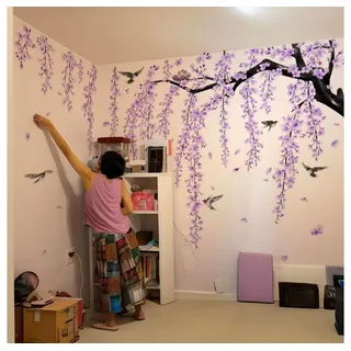 Montegoni Wandsticker Lila Kirschblüten Wandsticker Vögel Blumen Wandtattoo Wohnzimmer (Mehrteiliges Wandtattoo Set, 4 Stück Blumen Wandsticker), Selbstklebend farbstabil elegant asiatisch inspiriert