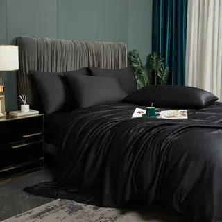 Luofanfei Bambus Bettwäsche 200x220 cm Schwarz Sommer Kühlende Uni Bambusfasern Lyocell Glänzend Bettwäsche Set Atmungsaktiv Bamboo Luxus Bettbezug und Kissenbezüge 80x80 cm mit Reissverschluss