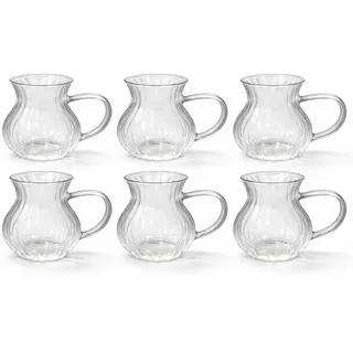 Altınbaş 6er Set Teegläser (200ml) – Robuste Trinkgläser in Geriffelter Optik Türkische Teegläser Cay Bardagi Modernes Design für Tee & Heißgetränke mit oder ohne Henkel Spülmaschinenfest (mit Henkel)