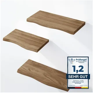 LAMO Manufaktur Wandregal LAMO Manufaktur 3 Stück Wandregal aus Holz 42/36/30cm, Schweberegal Massiv 100% Echtholz, Wandregale SET 1 Baumkante Farbe: Nussbaum braun