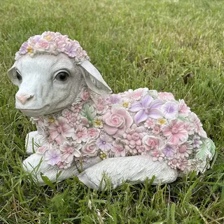 OF Gartenfiguren süsses Schaf mit Blumen verziert - Gartenfigur Lamm Deko für außen Tiere groß (Schaf liegend)