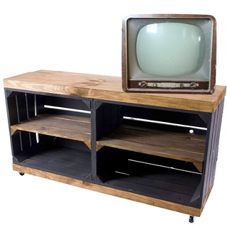 Moooble Sideboard schwarz auf Rollen | braune Deckplatte, aus Holz, 4 Fächer | 100x30x50 cm | moderner TV Schrank mit Schlitzen für Kabel