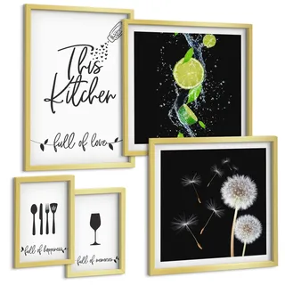 BILDER SET 5er Set - 50x50 cm & 20x30 cm & 40x60 cm Goldrahmen - Blumenposter Paris London