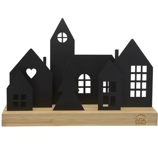 UNUS Stadt-Aufsteller Deko-Häuser aus Holz/Metall, Kirche & Baum, Schwarz
