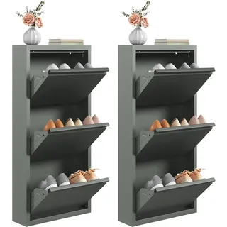 WOLTU Schuhschrank, mit 3 Klappen, Schuhregal, Schuhkipper, für 18 Paar Schuhe, aus Metall, für Flur Wohnzimmer, 50x106x15 cm, 2er-Pack, Hellgrau