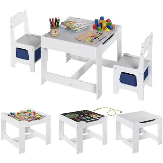 EUGAD Kindersitzgruppe Kindertisch mit 2 Kinderstühlen, Weiß/Grau | Sitzgruppe Maltisch mit Stauraum und wendbarer Tischplatte 3tlg. Kindermöbel Sitzgarnitur für Kinder aus MDF