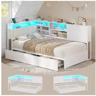 KIMENICH Daybett Tagesbett mit LED-Beleuchtung, USB-Ladestation und 2 Schubladen (1 tlg), Jugendbett Polsterbett mit Lattenrost aus Metall, 90x200cm weiß