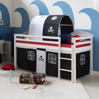 Homestyle4u Hochbett 90 x 200 cm Kiefer massiv weiß Pirat
