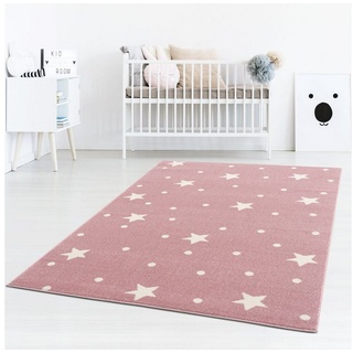 Kinderteppich »Tara Kids Bueno kleine Sterne«, TaraCarpet, rechteckig, Höhe: 13 mm, Kinderzimmer Teppich Sterne und Punkte rosa|weiß rechteckig - 80 cm x 150 cm x 13 mm