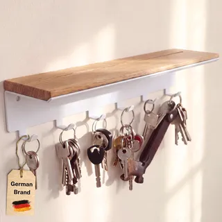 Astrein® | Schlüsselbrett mit 6 Haken | Schlüsselboard aus Holz | Eiche | Wandorganizer | Schlüsselkasten | Schlüsselhalter mit Ablage | Schlüsselaufbewahrung Metall weiß | 30x8x8cm