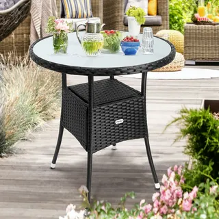 CASARIA CASARIA® Polyrattan Rund 5mm Sicherheitsglas Höhenverstellbar 80kg Belastbarkeit Wetterfest Terrasse Balkon Beistelltisch Tisch Schwarz