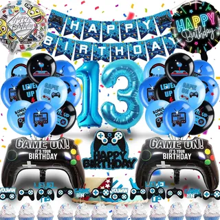 Betensh 13. Geburtstag Junge Videospiel Tortendeko, Luftballons Blau, Gamepad Ballons, Banner, 18 bedruckte Latexballons, 13. Geburtstag Junge Deko Set