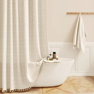 Nicola Duschvorhang Im Boho-stil Aus Leinen Mit Quasten, Wasserdicht, Beige (150 X 180 Cm)