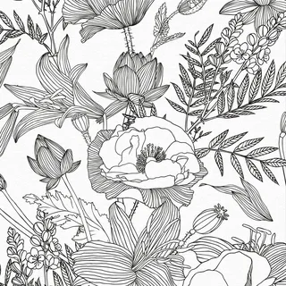 Selbstklebende Tapete Blumen Schwarz Weiss, 44 x 300 cm Blumentapete Schwarz Weiß Blumen Blätter Pflanzen Lotus Lilie Klebetapete Möbelfolie Selbstklebend für Badezimmer Wohnzimmer Schlafzimmer Küche