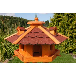 Vogelhaus Futterhaus Futterhäuschen Vogelvilla V12, Vogelfutterhaus aus Holz mit Solarbeleuchtung beleuchtet mit und ohne Ständer (Rot, ohne Ständer), mit Futtersilo,Silo