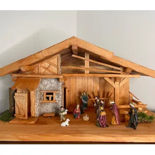DARLUX Handgefertigte Weihnachtskrippe aus Holz mit handbemalten 11 Figuren I Tisch Krippe I Weihnachten I Größe 30 x 60 cm I Tischdekoration (Krippe 55 + Figuren)