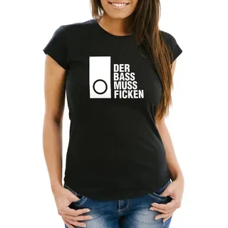 MoonWorks Print-Shirt Damen T-Shirt Techno Spruch Der Bass muss Ficken Party Festival Rave mit Print schwarz XL