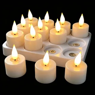 Led teelichter wiederaufladbar mit Timerfunktion Ladestation Aufladbare Led Teelichter Flackernd Kerzen mit Fernbedienung Perfekt für Wohnzimmer Tisch Kürbis Party Halloween Weihnachtsdeko (Weiß)
