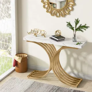 Tribesigns Schmal Konsolentisch, Beistelltisch mit Gold Metallgestell, 100 x 30 x 80 cm Flurtisch, Kleiner Ausstellungstisch, Sofatisch für kleinen Raum, für Eingang, Flur, Wohnzimmer (Weiß und Gold)