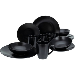 CreaTable Kombiservice Geschirr-Set Black Matt (16-tlg), 4 Personen, Steinzeug, Service, schwarz, trendige Coupeform, 16 Teile, für 4 Personen schwarz