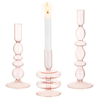 Glasseam Kerzenständer Glas, 3er Set Kerzenhalter für Stabkerzen, Rosa Stabkerzenhalter, Modern Kerzen Ständer für Esstisch Dekoration, Kerzenhalter Stabkerze für Weihnachten Hochzeit Zimmer Deko