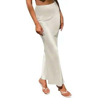 HHB18I Seiden-Maxirock für Damen, zierlicher Sommer, Satin, Seide, hohe Taille, Rüschen, A-Linie, lang, Maxirock, Tulpen, Satin-Rock für Strandkleidung, Abendparty, Abschlussball, Empfang, Urlaub, - S