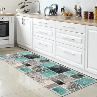 CARPETIA Küchenläufer Karo-Mosaik Türkis Grau rutschfest 80x300 cm | Rutschfest, pflegeleicht, schmutzabweisend und strapazierfähig, OEKO-TEX geprüft, für Fußbodenheizung, Küche & Flur