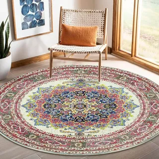 Nyescasa Teppich Rund 80 cm Vintage Boho Mandala Teppich Wohnzimmer Waschbar rutschfest Weich Kurzflor Runder Teppiche für Schlafzimmer Kinderzimmer Outdoor, Beige Rot