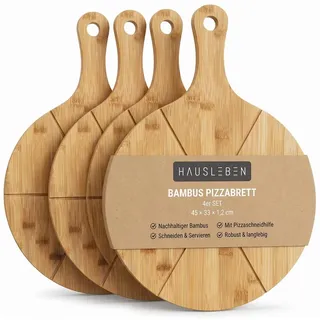 hausleben Pizzaschneidebrett Pizzabrett - Rundes Schneidebrett mit Griff und Schneiderillen, Bambus Pizzabrett, (Holz Pizzateller für Flammkuchen, 4-St., 2 Servierplatten), Holzteller Servierbrett für Pizza, Leicht zu Reinigen Ø 33 cm