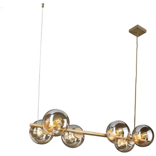 meineWunschleuchte Mehrflammige Balken Pendelleuchte Messing 80cm breit - 6 Glaskugeln Rauchglas in Amber, Abhängung 120cm