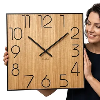 FLEXISTYLE Holzwanduhr Wood Square Holz Eiche 40cm Durchmesser holzoptik ohne tickgeräusche, Oak Schwarz