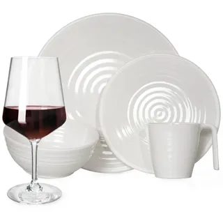 Moritz Melamin Geschirr-Set 4 Personen Crema Design 16 Teilig + Milano Gläser Rot Weingläser Tafelgeschirr Picknick BBQ Kochgeschirr
