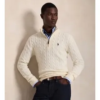 Polo Ralph Lauren für Herren. 710876766001 Weißer cremefarbener Strickpullover in Achten mit Reißverschluss (M), Lässig, Wolle, Klassisch