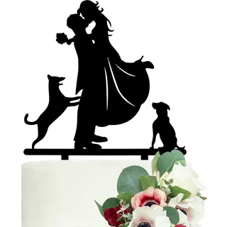 LOVENJOY Hunde Hochzeitstorte Topper Braut Bräutigam Tortenstecker mit 2 Hund Schwarz Kuchendekoration, Geschenkbox