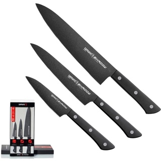 Samura Shadow Küchenmesser für Anfänger, 3-teiliges Messerset mit 15 cm Universalmesser, 9 cm Gemüsemesser and 21 cm Kochmesser. Hergestellt aus echtem japanischem Stahl mit Anti-Rutsch- Beschichtung!