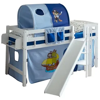 TICAA Hochbett Tino mit Rutsche 90 x 200 cm Buche massiv weiß pirat-hellblau-dunkelblau