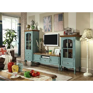 JVmoebel Wohnwand Landhausstil Vitrine aus Holz mit Sideboard und Schrank, Made in Europa blau