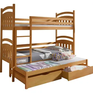 KEF ANTON Etagenbett Kinder Holz Kinderbett für Drei Kinder Leiter Universal mit Matratze 80x200 cm Erle - Braun
