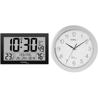 Technoline 8016 Funk-Wand-Uhr mit Temperaturanzeige, Kuststoff, schwarz, 225 x 143 x 24 mm, WS8016SCHWARZ, 225 x 24 x 143mm &, WT 8000 Funk-Wanduhr, Ø 30cm, Silber