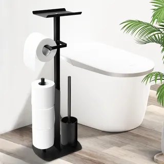 Edelstahl Klopapierhalter Stehend mit Klobürste - Toilettenpapierhalter mit Feuchttücherbox, Toilettenpapierhalter mit WC Bürste Stand WC Garnitur für Toilettenpapier & Toilettenbürste