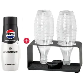 SodaStream Flaschenhalter Universal CULTZEN für Crystal, Terra mit 1x Sirup 440 ml Set, (Flaschenabtropfhalter, 2-St., 1x Flaschenhalter mit Abtropfstände, 1x Pepsi SodaStream Sirup 440 ml), Halterung aus Edelstahlr. inkl Abtropftablett. schwarz