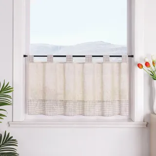 SCHOAL Scheibengardine mit Schlaufen Bistrogardine Küche Leinenoptik Fenstergardine Landhaus Kleinfenster Gardine Kariert HxB 60x90 cm Braun