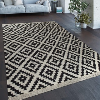 Paco Home Teppich Modern Marokkanische Muster Handgewebt Skandi Rauten Fransen Schwarz Weiß, Grösse:160x230 cm