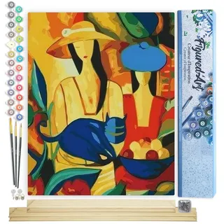 Figured'Art Malen Nach Zahlen Erwachsene Mit Rahmen Frauen und blaue Katze - Paint by Numbers Basteln DIY Bastelset 40x50cm Mit Keilrahmen (nicht gespannt)