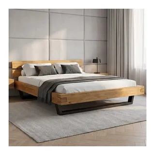 skølm Massivholzbett Hervar, Balkenbett aus Wildeiche geölt & lackiert (Metallkufen), stabiles Bettgestell verfügbar in 140/180x200 cm, Holzbett beige 196.5 cm x 216.5 cm x 78 cm