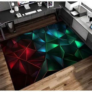Gaming Teppiche, 3D Vision Geometrie Neon Spiele Bereich Teppich für Jungen Teenager, Gamer Teppich für Kinderzimmer, Rutschfest Teppich Geeignet Für Schlafzimmer E-Sport Zimmer, 120x160 cm, Rot Grün