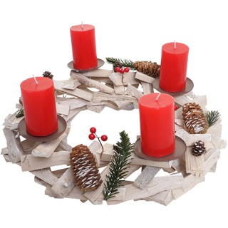 Adventskranz rund, Weihnachtsdeko Tischkranz, Holz Ø 40cm weiß-grau - mit Kerzen, rot