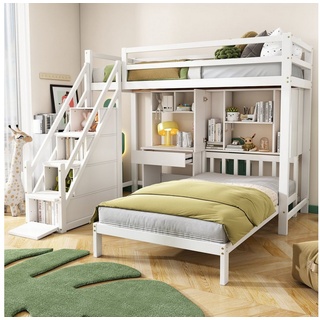 Flieks Etagenbett, Kiefernholz Kinderbett mit Schreibtisch und Treppe 90x200cm weiß